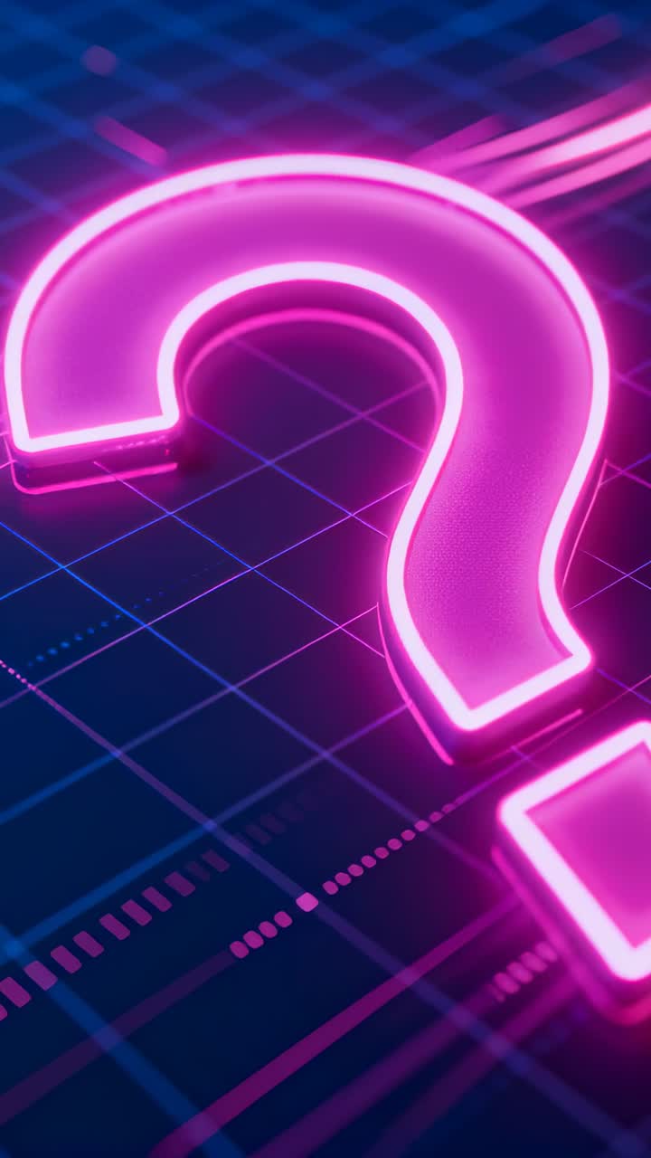 Video verticale: Strisce di dati che scorrono e spingono la telecamera a zoomare su una griglia, mostrando un punto interrogativo al neon.