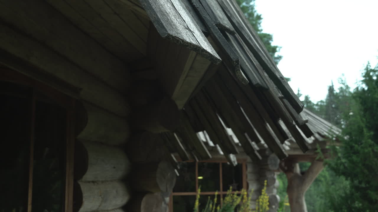 Pokuhall roof eaves. South Estonia. Summer, slightly cloudy day.