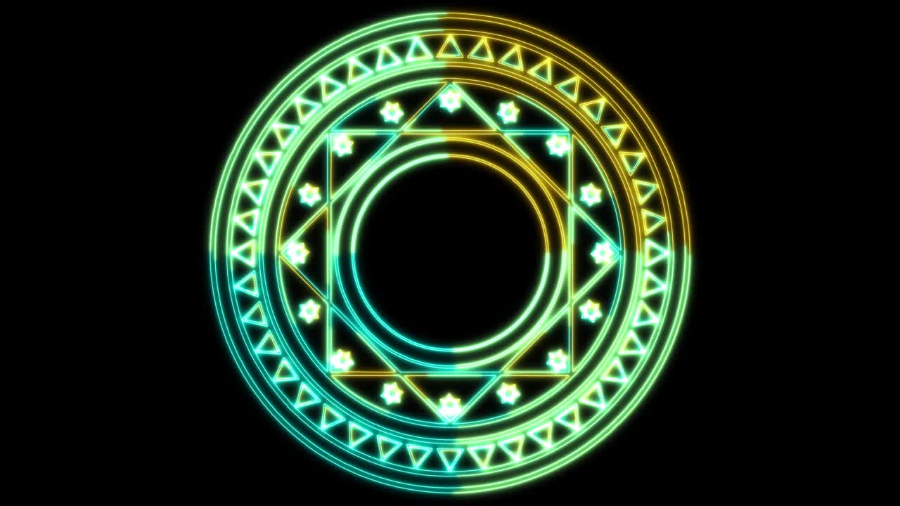 육각형의 힘, 노란색과 파란색의 에너지, 그리고 추상적인 강력한 광선, 마법의 원, 끝에서 회전합니다.