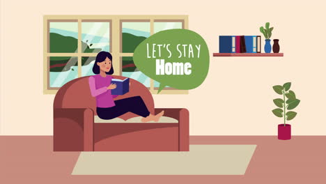 stay at home campaign with woman reading in sofa