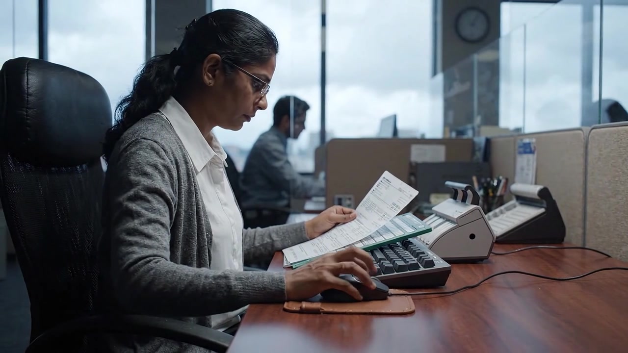 Focused Professional at Work: A Dedicated Employee Analyzes Documents and Inputs Data in an Organized Office Environment with Colleagues in the Background