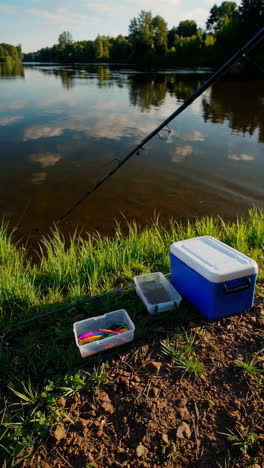 fishing on a riverbank at sunrise