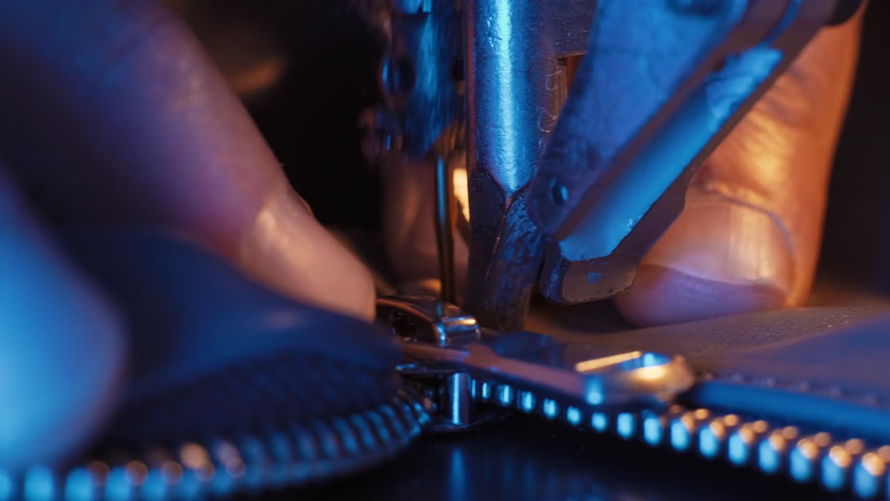 The leather craftsman produces leather products on sewing machine