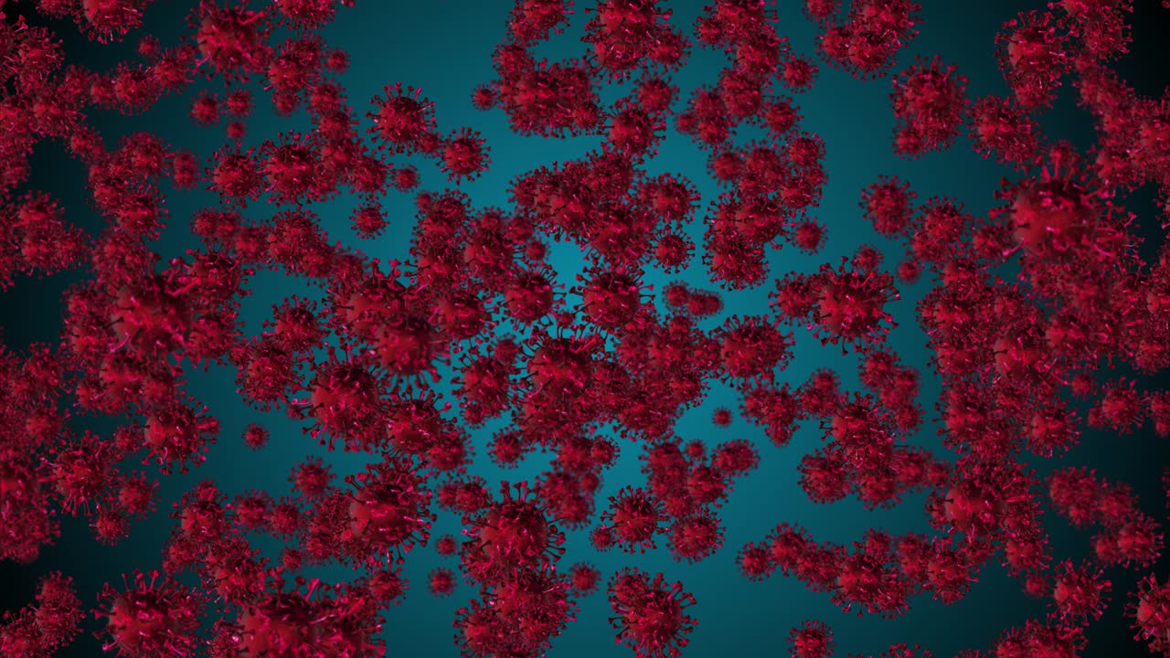 Allerta COVID-19 Corona SOS. Rischio sanitario medico da patogeni batterici pandemici, concetto di immunologia, virologia, epidemiologia. Cellula virale al microscopio. Animazione 3D in loop.