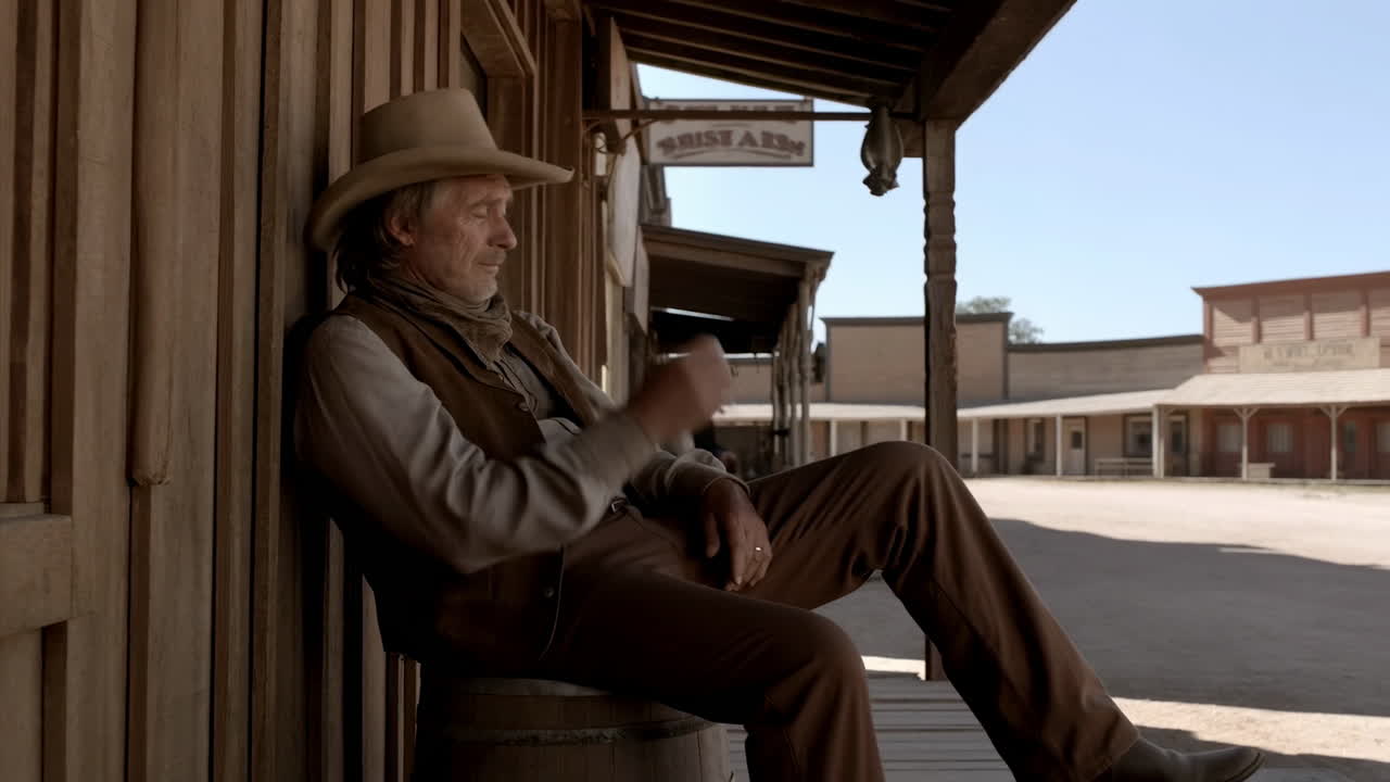 Older Cowboy Man Resting on a Barrel in an Old West Town