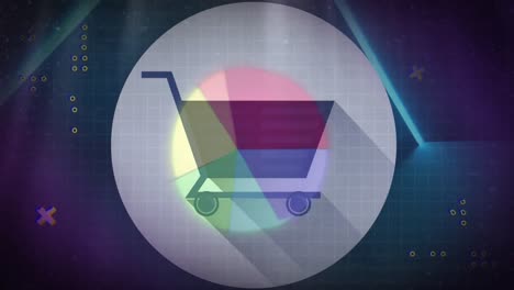 Animation-of-moving-lights,-qr-code-and-pie-chart-over-shopping-cart-icon-on-online-interface