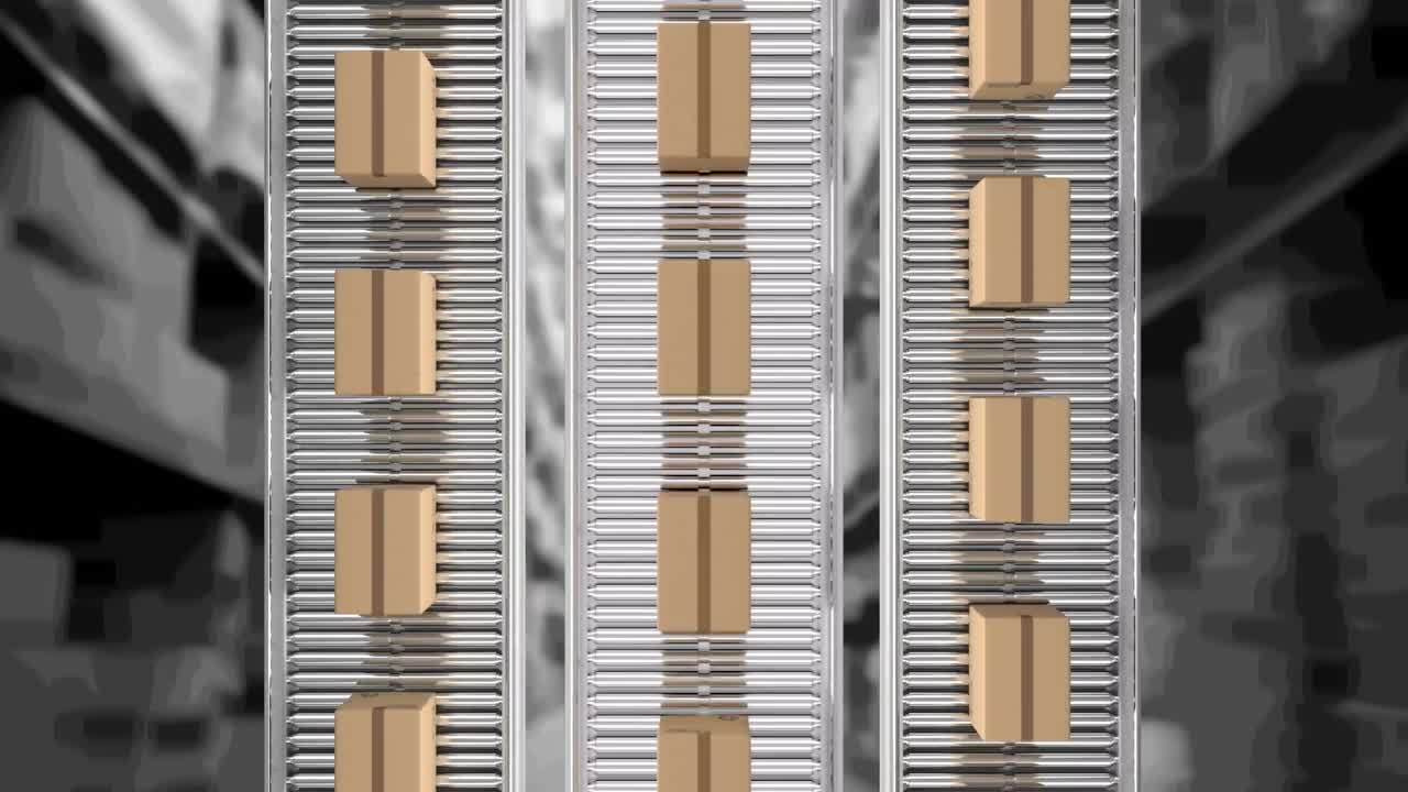 창고 위에서 컨베이어 벨트에 움직이는 카드보드 상자의 애니메이션