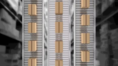 animación de cajas de cartón que se mueven en cintas transportadoras sobre el almacén