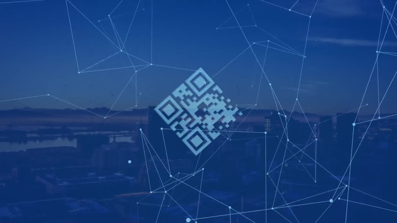 animación del código qr sobre puntos conectados sobre vista aérea de la silueta del paisaje urbano moderno