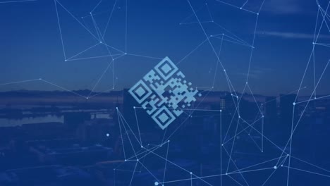 Animation-of-qr-code-over-connected-dots-over-aerial-view-of-silhouette-of-modern-cityscape