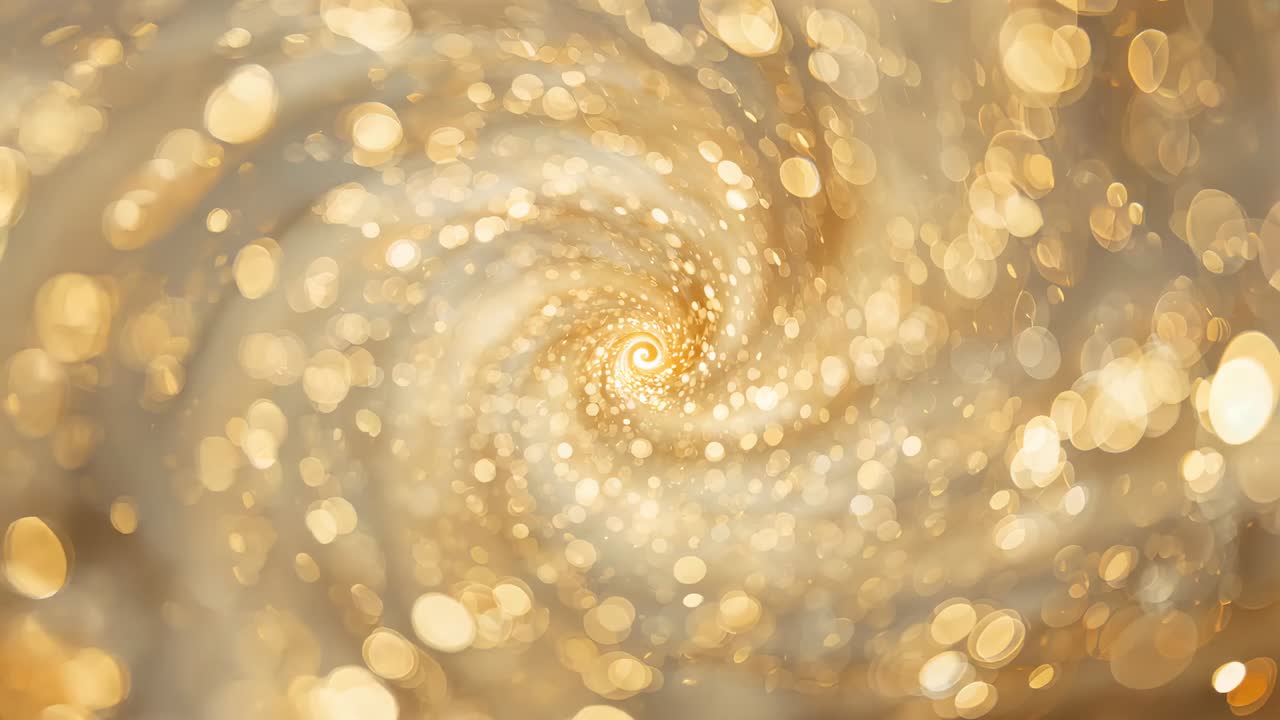 Vortice a spirale dorata che ruota all'avvio in un gradiente color crema, attraendo dischi bokeh verso l'interno per creare un effetto luccicante