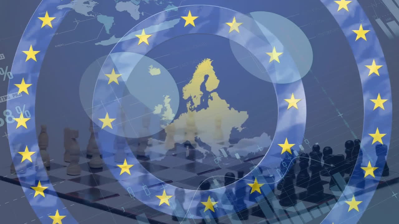 Animação de processamento de dados financeiros e bandeira da União Europeia sobre tabuleiro de xadrez