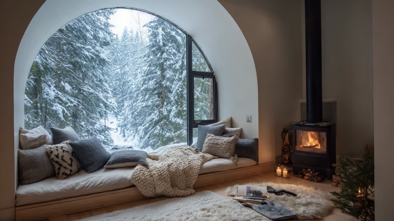 Cozy Indoor Retreat with Snowy Forest View: A Warm Sanctuary of Plush Textiles, Soft Lighting, and Winter Serenity Perfectly Framed by Panoramic Windows Against a Backdrop of Snow-Covered Pines