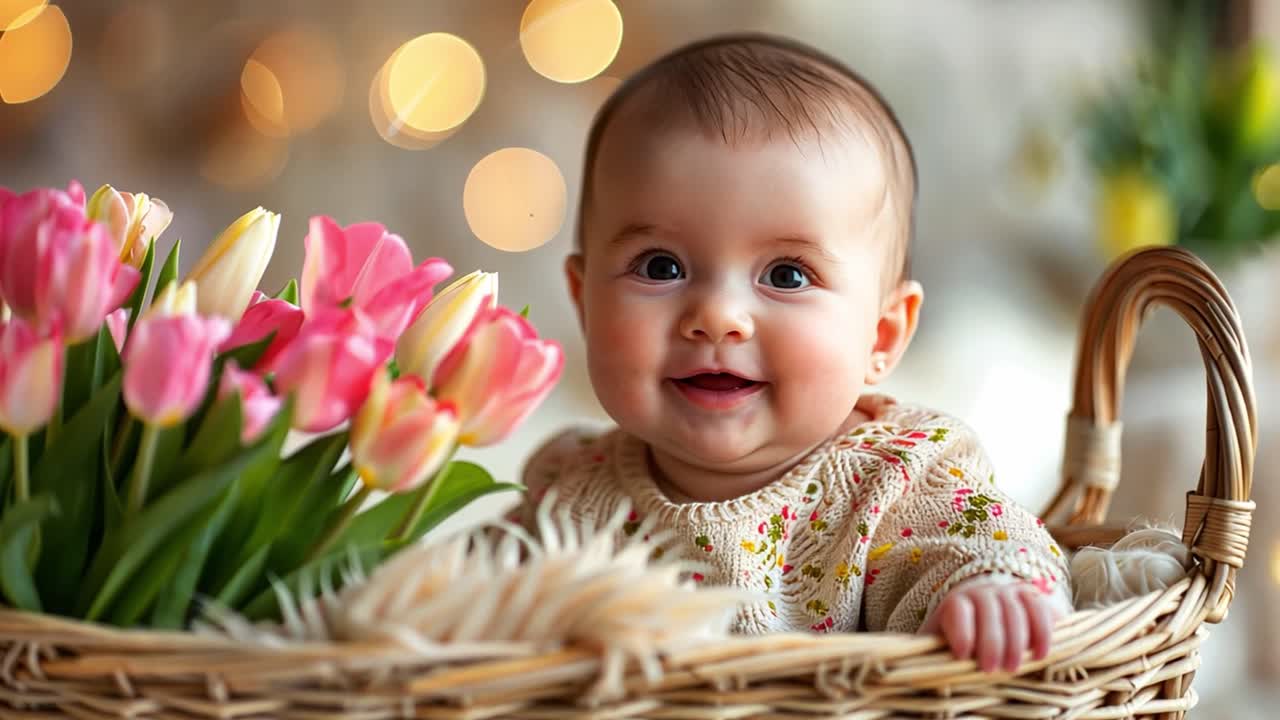 Adorable Smiling Baby in a Wicker Basket with Tulips