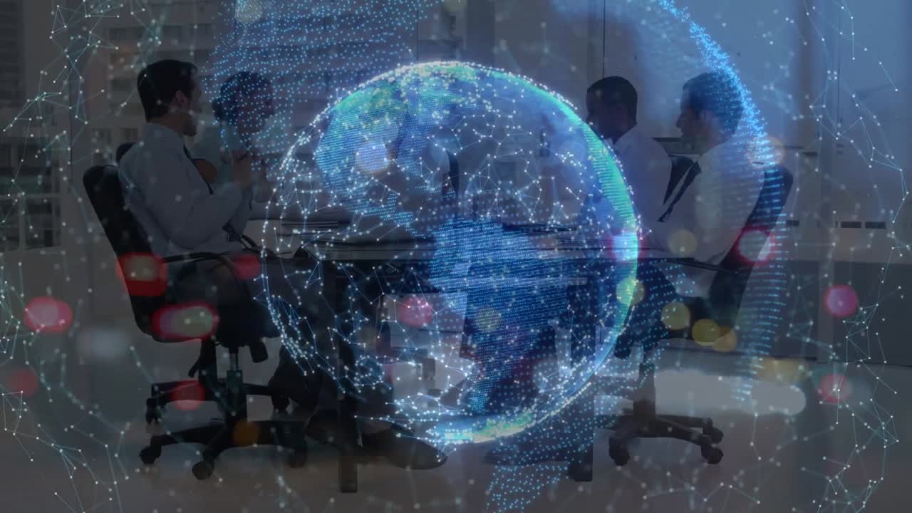 Animation of globe with networks of connections over business people in meeting