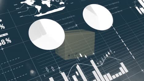 animation of statistics and data processing over cardboard box