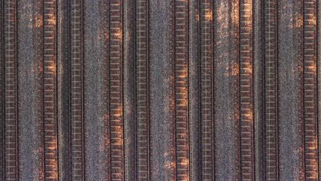 drone above pattern of many trains passing by multiply rails, aerial view above dynamic rails tracks and trains