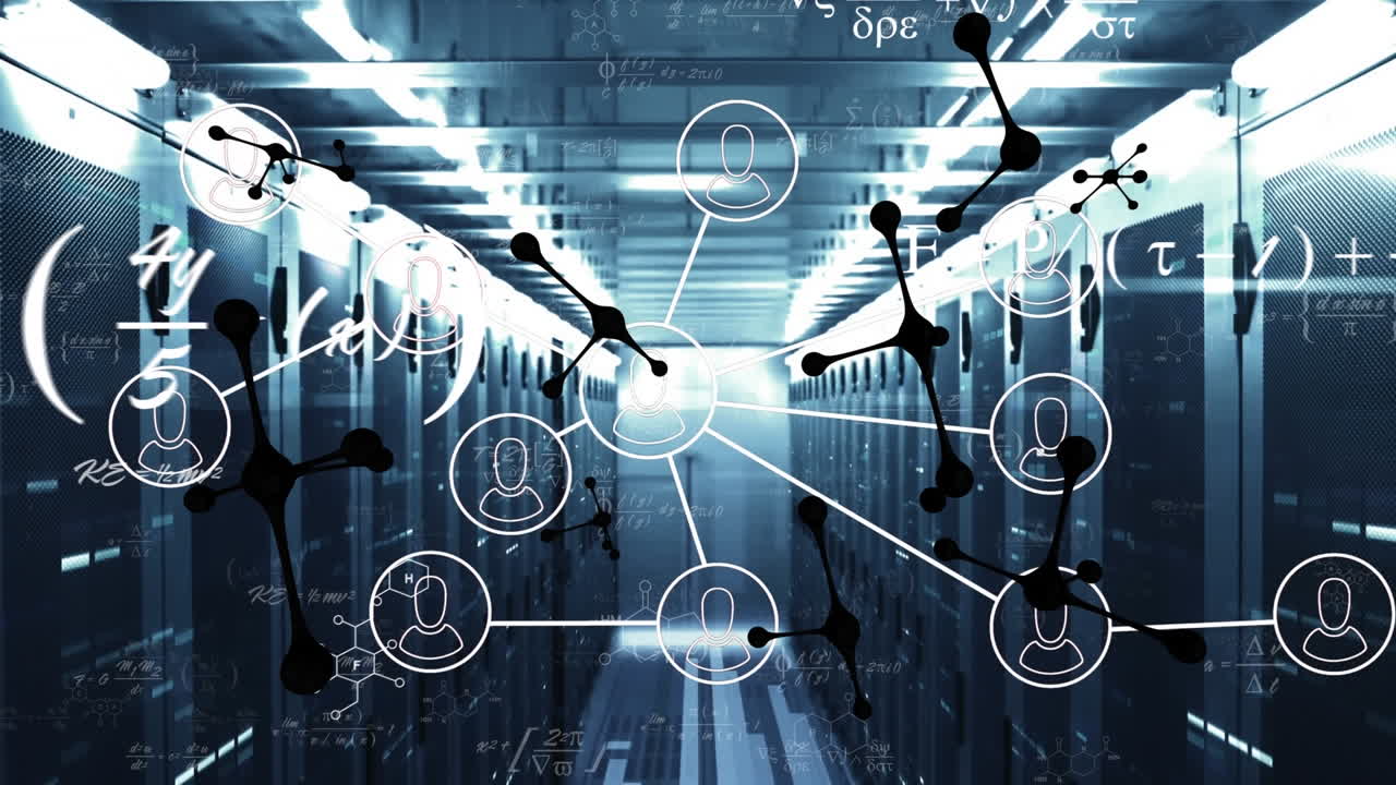 Animation of connected profile icons and dots and formulas over data server room