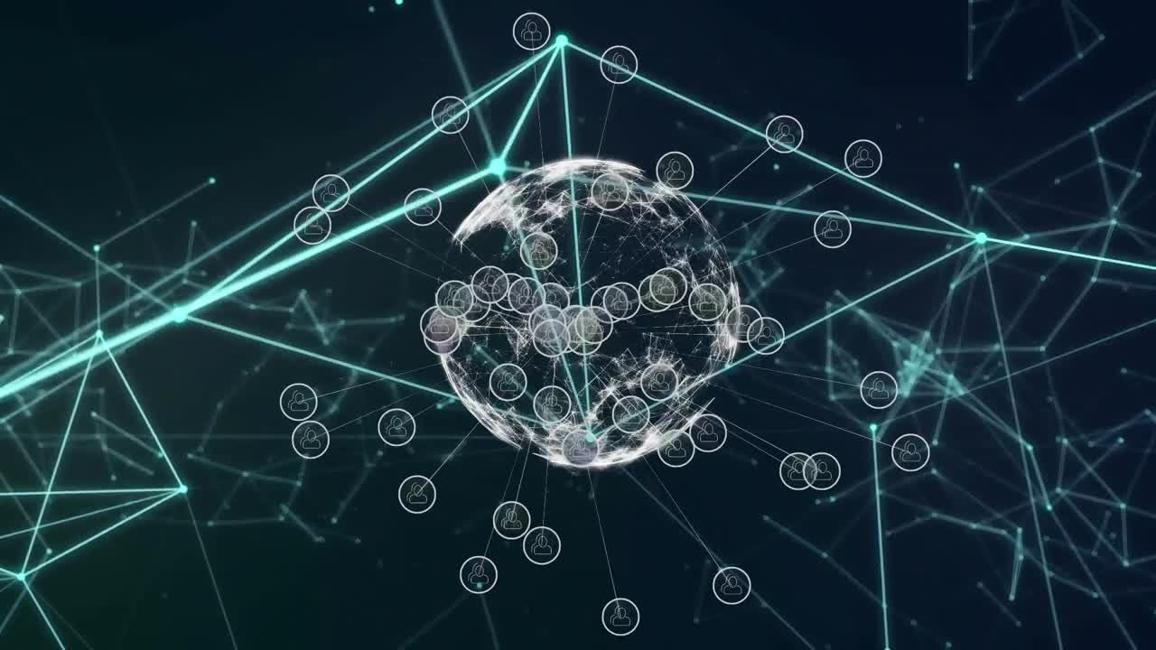 animación del globo con una red de conexiones con iconos sobre fondo azul