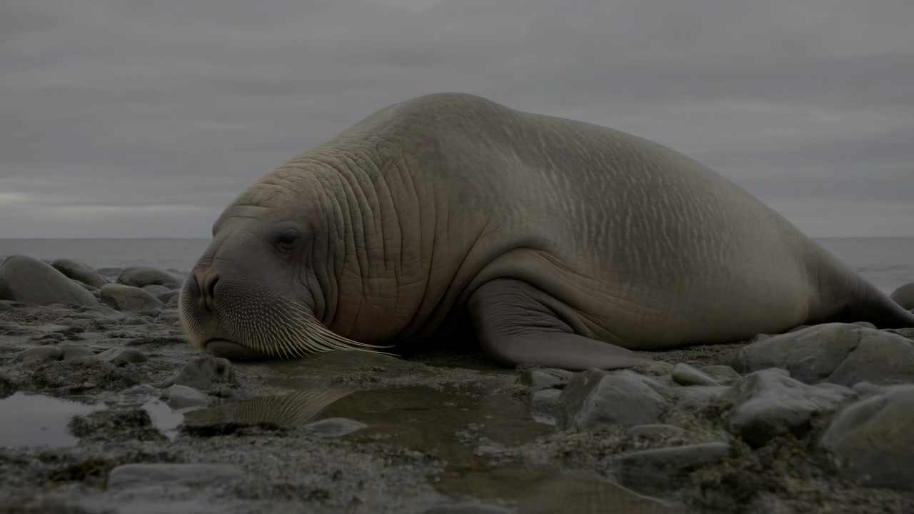 Tricheco che riposa su una costa rocciosa artica, primo piano di un paesaggio marino cupo sotto un cielo coperto che mostra un grande mammifero adiposo