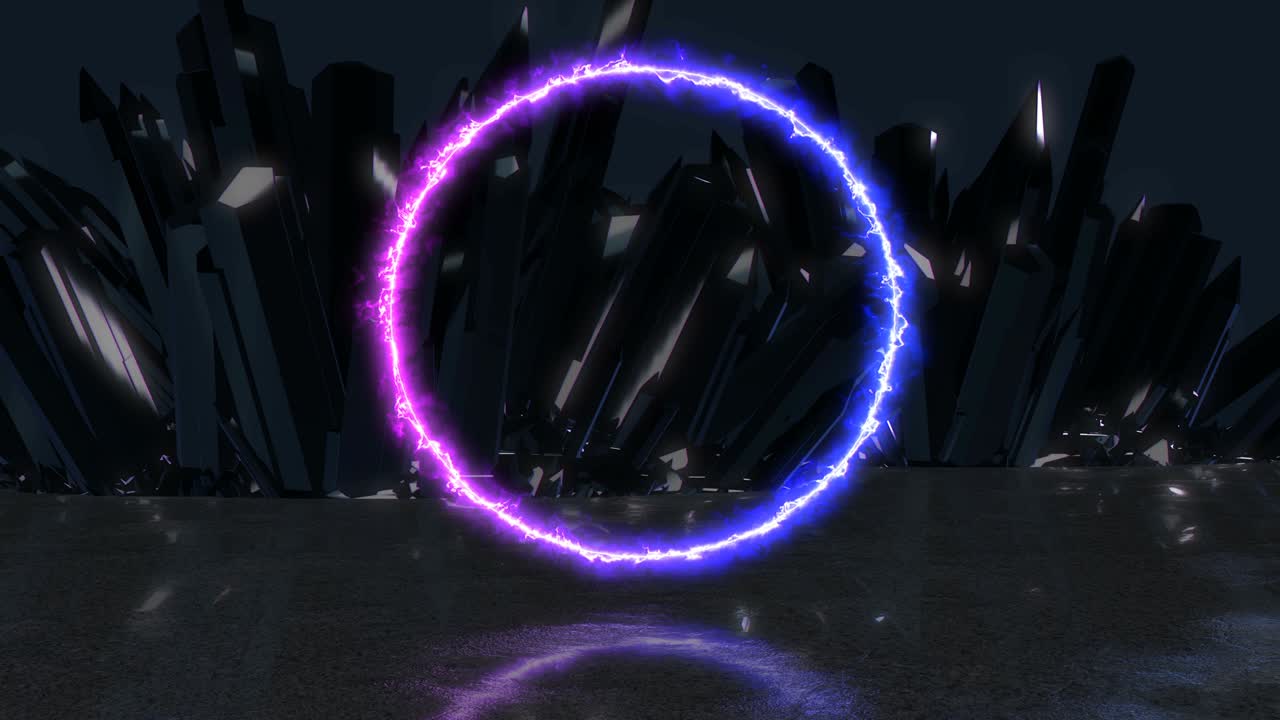 neon energy beam in the shape of a circle on a background of crystals