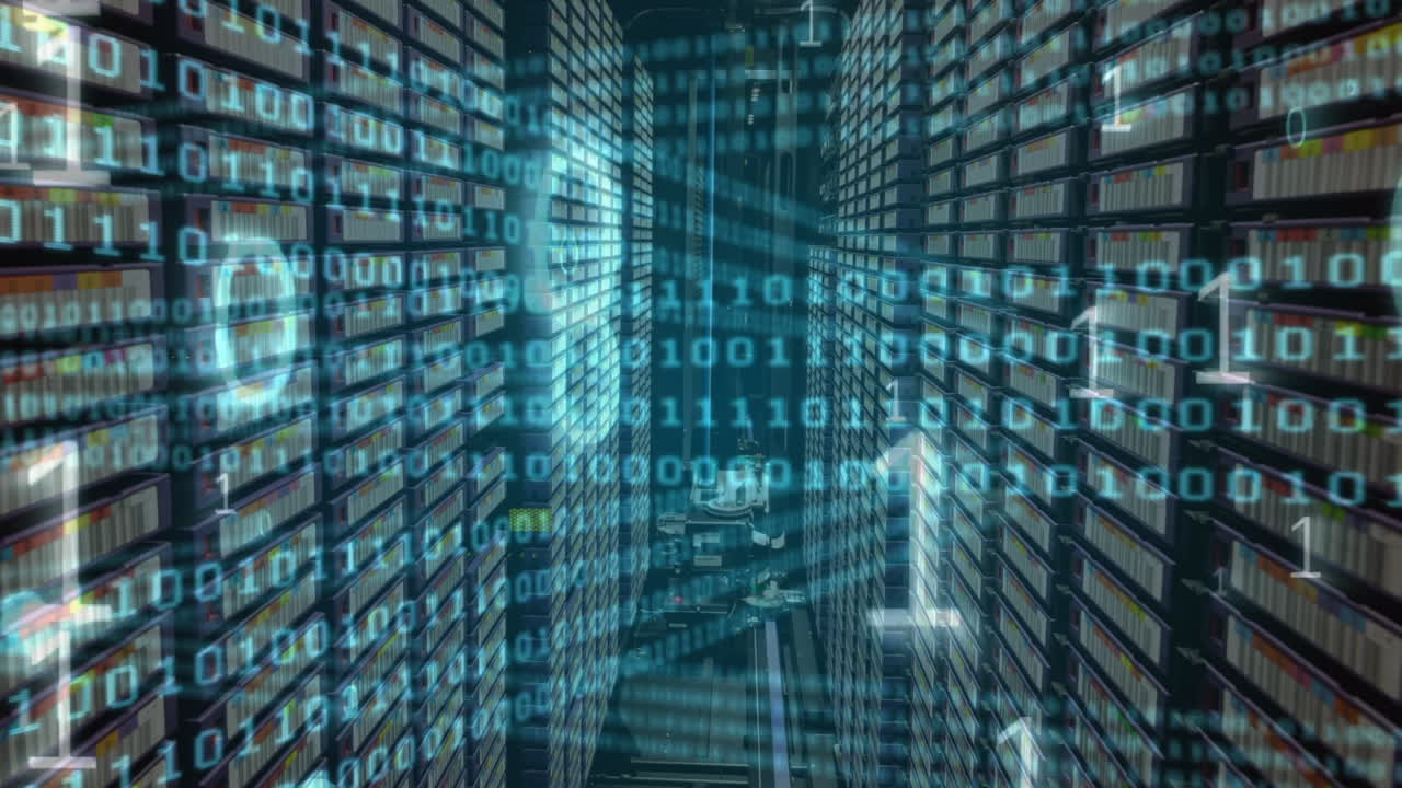 Animation of binary coding over server room