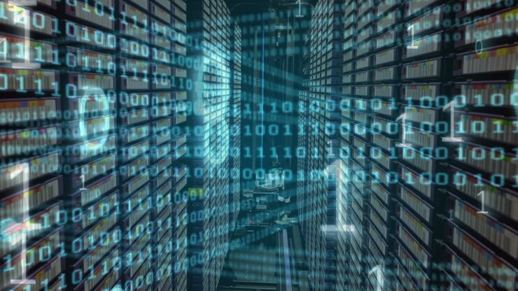 Animation of binary coding over server room
