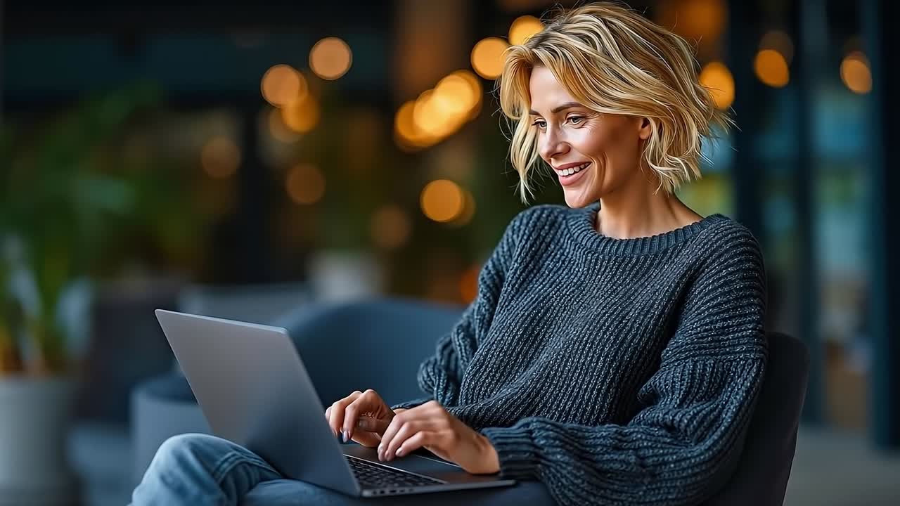 una mujer sentada en un sofá usando una computadora portátil