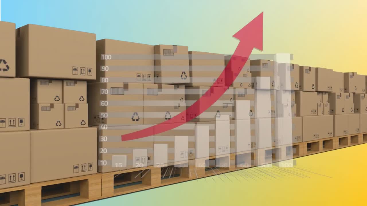 그래디언트 배경에서 컨베이어 벨트에 있는 통계 데이터 처리 및 전달 상자의 애니메이션