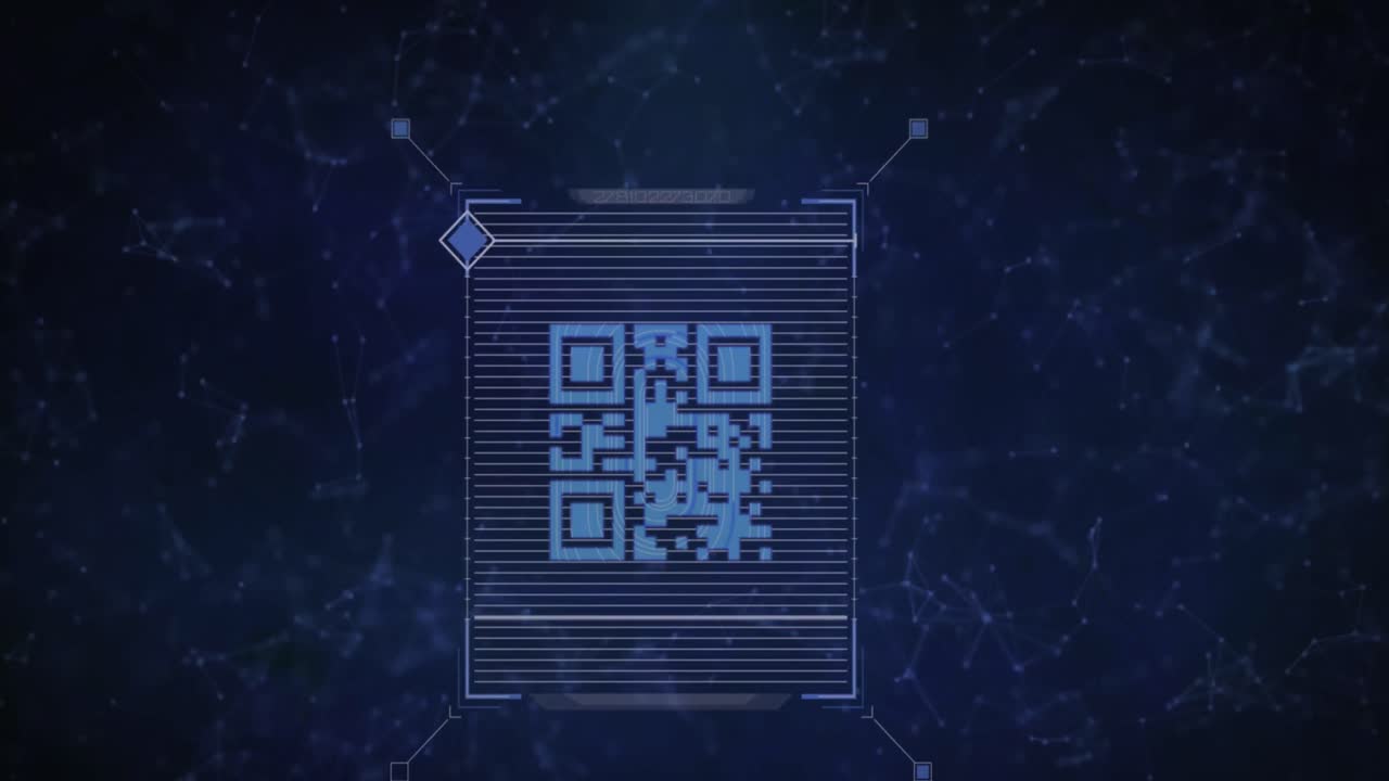 Animation of qr code over network of connections on black background