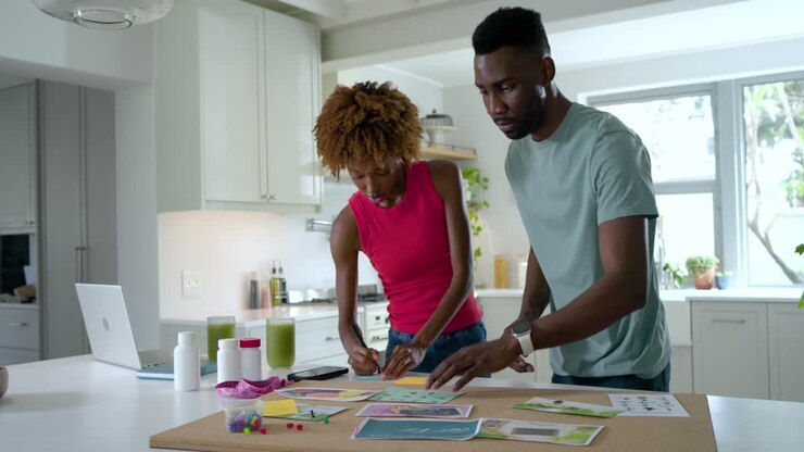 Couple leaning over wooden board, starting planning in kitchen, arranging printed sheets for craft