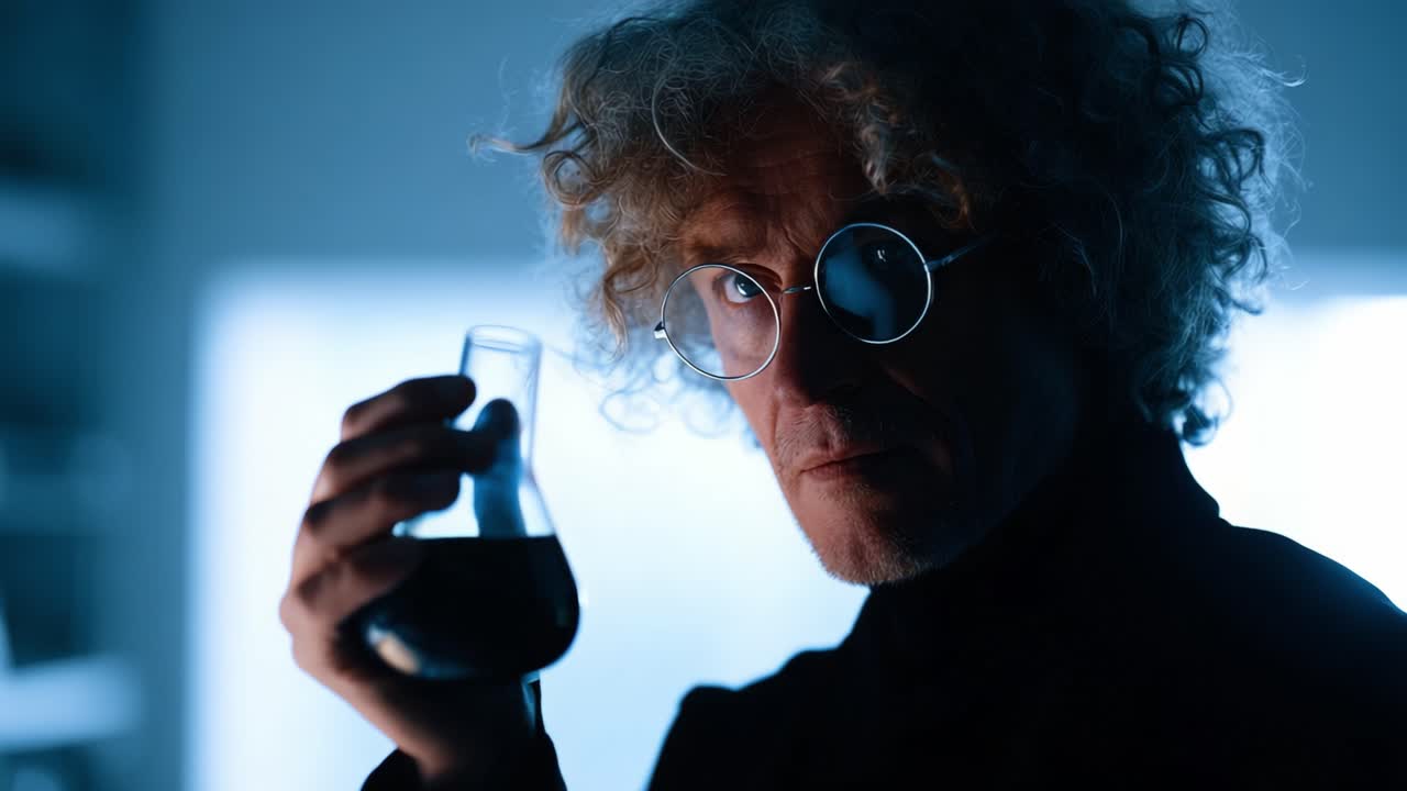 A Mysterious Scientist Holding a Flask: Captivating Portrait of a Chemist in a Dimly Lit Laboratory Environment with Intriguing Expressions and Atmospheric Lighting