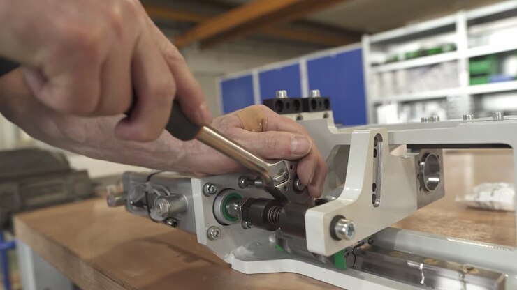 Technician tightening a lead screw assembly on a precision linear actuator. Close up of mechanical adjustment of a positioning system in a workshop
