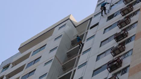 trabajadores que descienden de un edificio mientras limpian ventanas