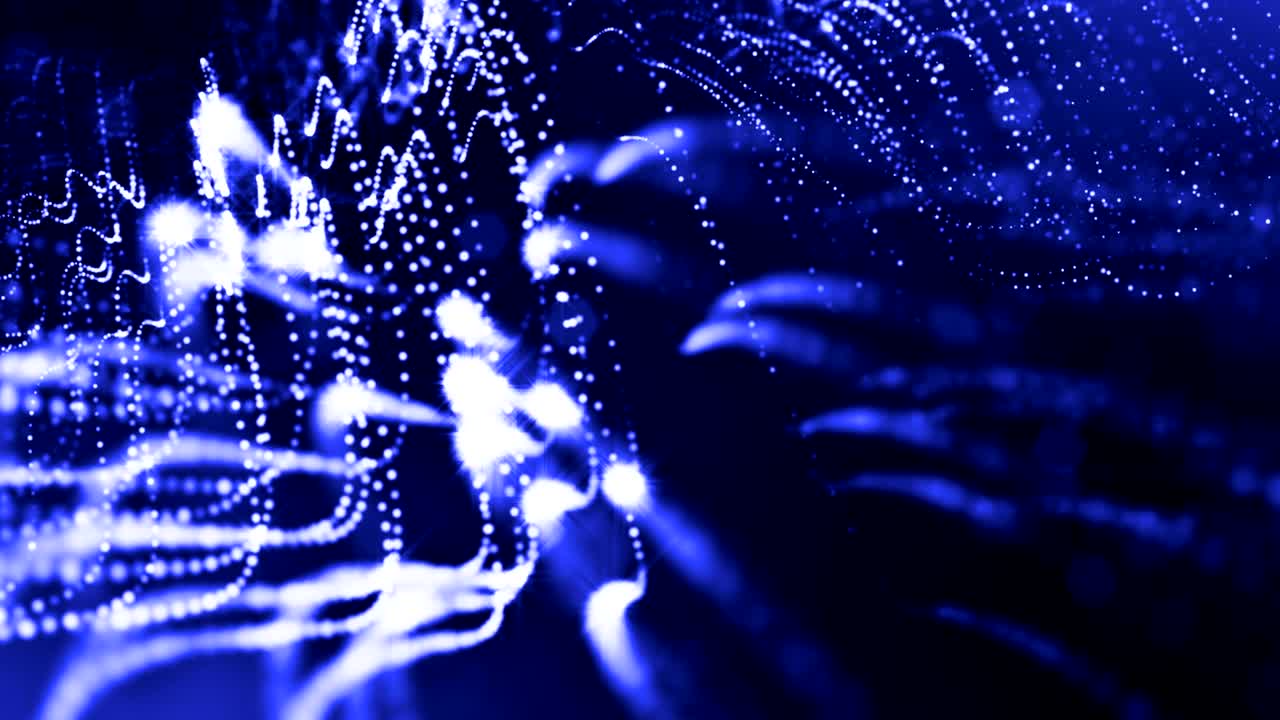 3d render de partículas luminosas como fondo de ciencia ficción o moderno fondo azul abstracto de partículas con profundidad de campo y bokeh como bucle vj. las partículas forman línea y estructura de cuerdas. 4