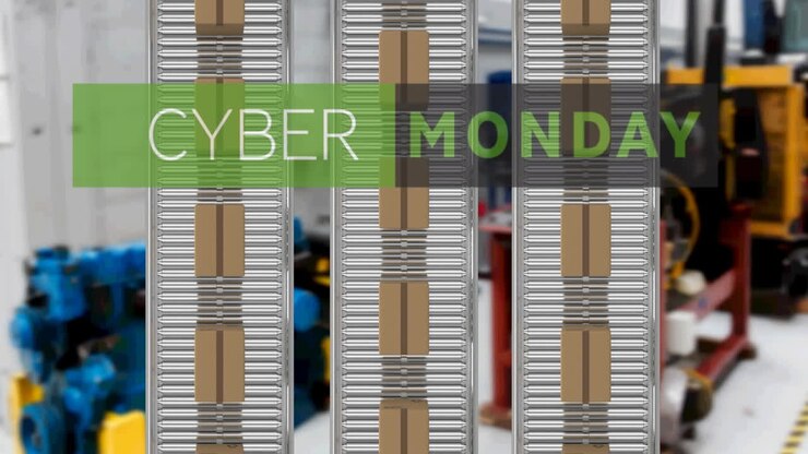 Animation of cyber monday text over cardboard boxes on conveyor belts