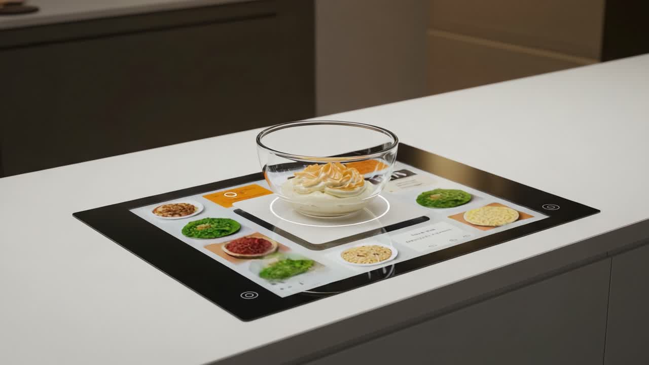 A Modern Smart Kitchen Surface Showcases an Interactive Cooking Experience with Ingredients Displayed for Meal Preparation and Recipe Guidance