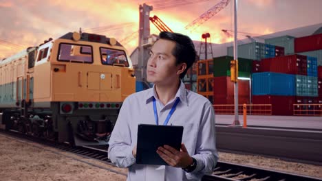 businessman at a port with a train and containers