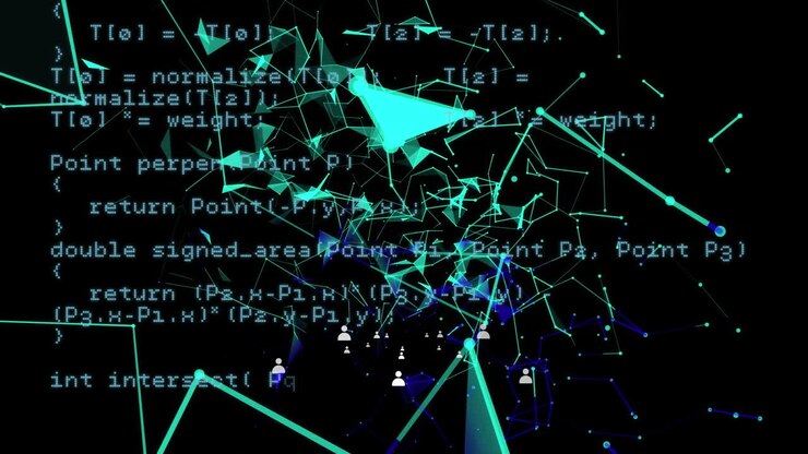 Digital animation of network of connections against data processing on black background