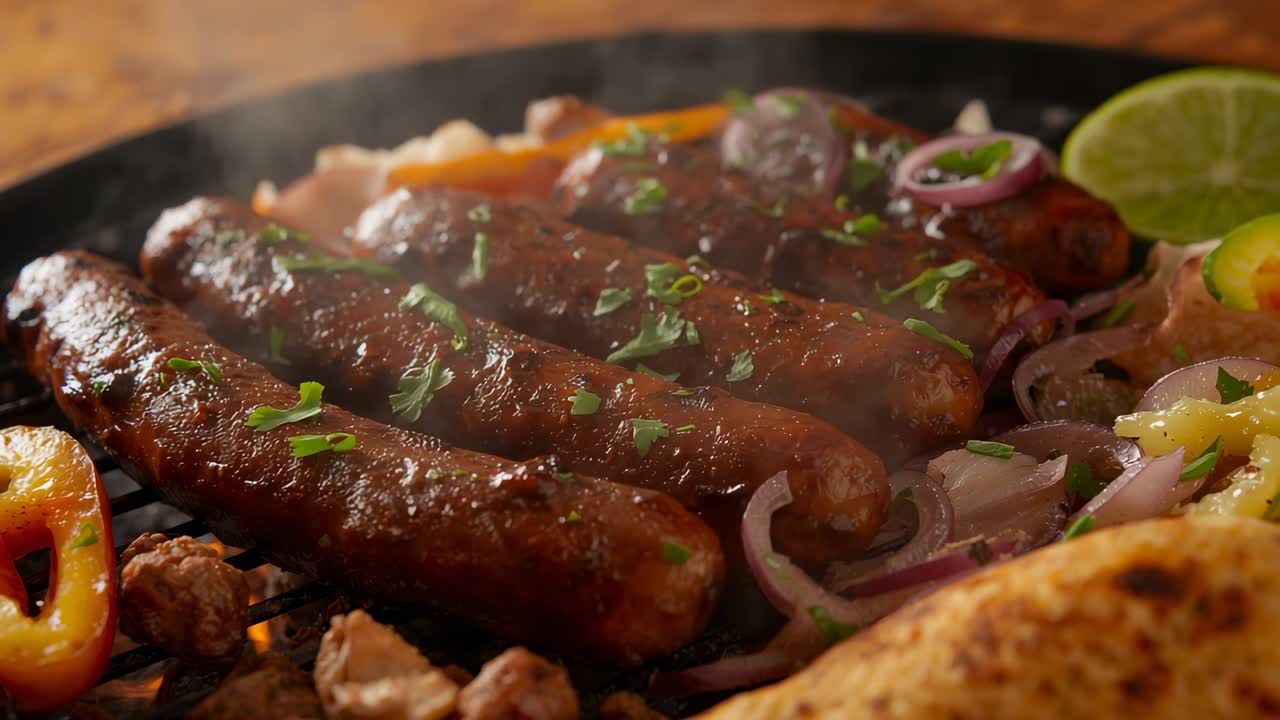 Heating cast iron grill pan preparing sausages caramelizing on ribs, with onion pepper strips