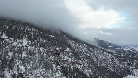 Aerial-view-of-light-snowfall-and-clouds-above-snow-capped-hills-of-San-Juan-mountains-and-Ouray,-town-in-southwestern-Colorado,-Switzerland-of-America