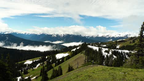 unrecognizable photographer takes photos of scenic mountain range in olympic national park, washington state in summer