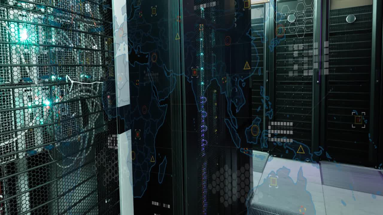 Animation of data processing and world map over server room