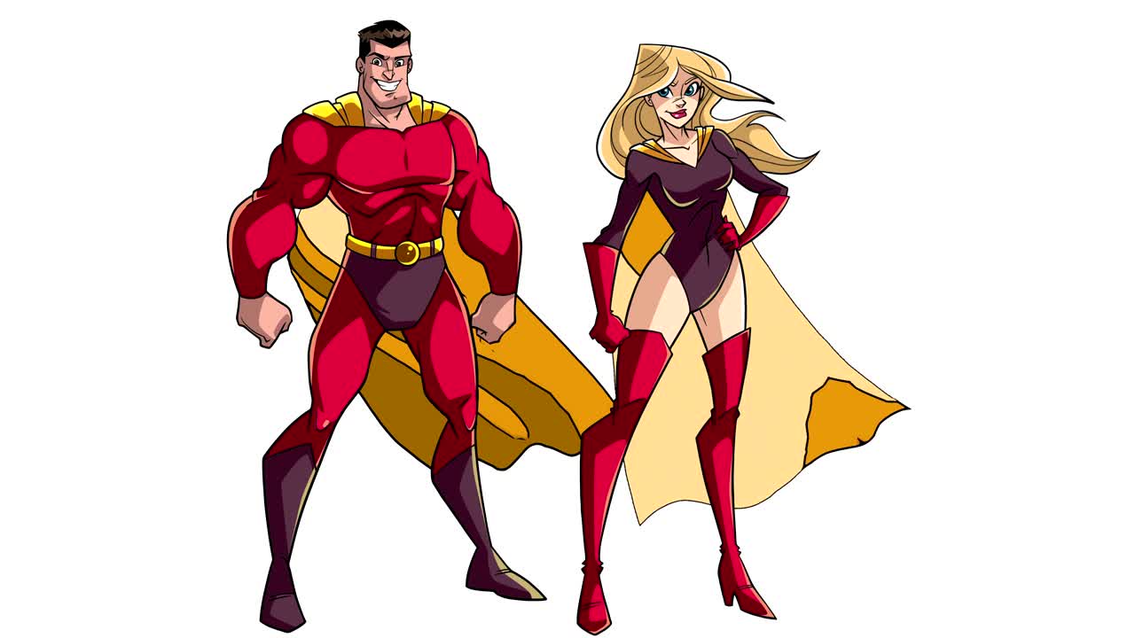 슈퍼히어로 커플이 색 위에 서 있습니다.