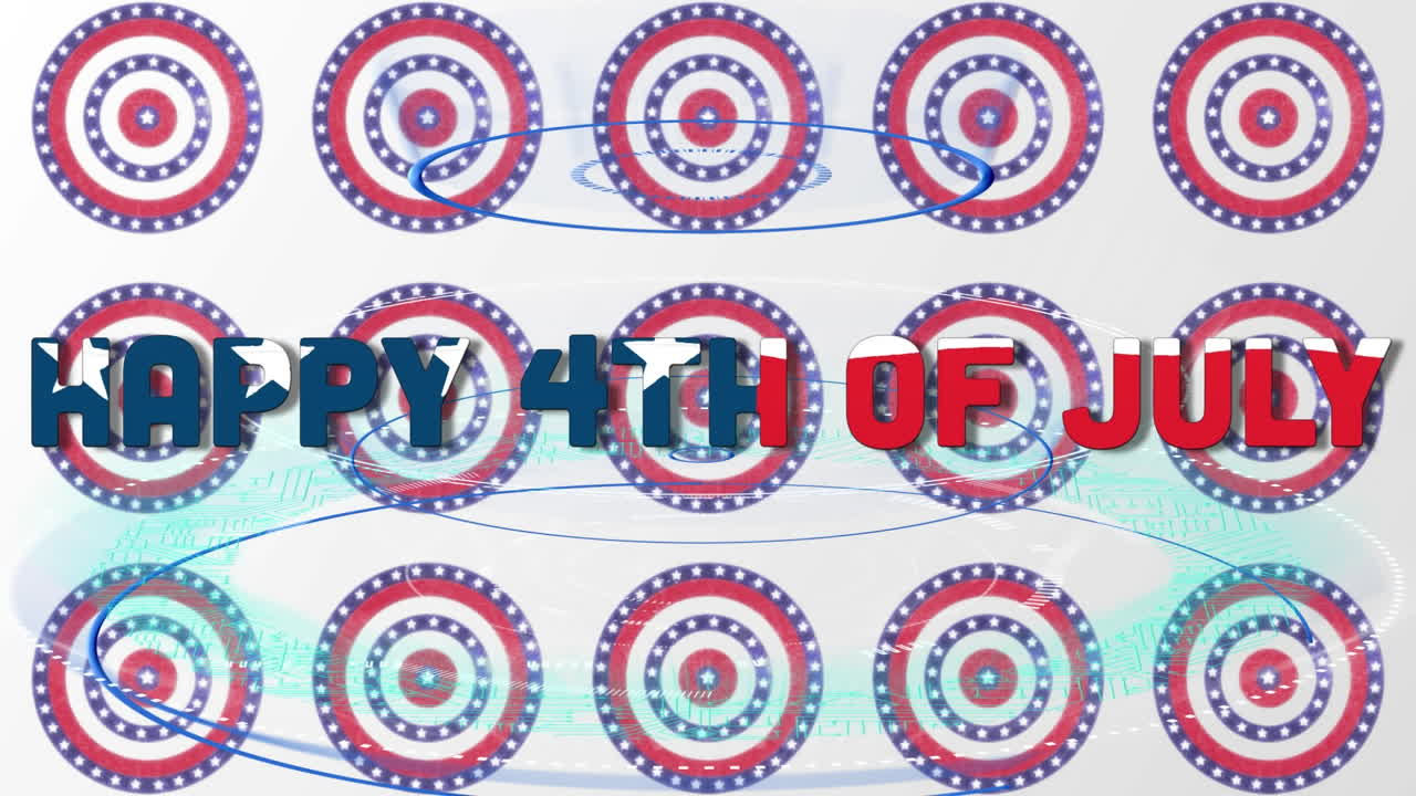 미국 국기 위의 독립기념일 텍스트의 애니메이션 별과 원에 색칠된