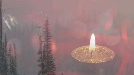 animating candle flame over misty forest with bokeh lights in background