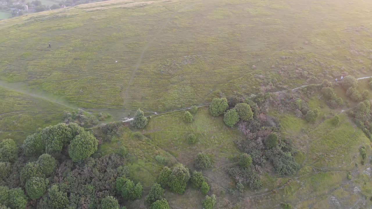 워스 코브 (lulworth cove) 의 공중 뒷면 영상 초록색 식물과 나무가 있는 거대한 절벽