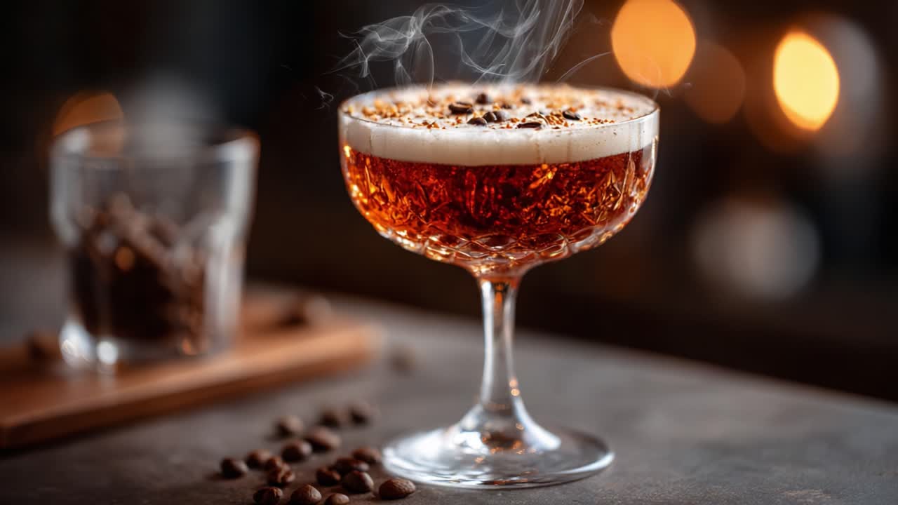 Aromatic Elegance: A Well-Crafted Cocktail Served in a Stylish Glass, Topped with Coffee Beans and Surrounded by a Warm Ambiance of Glowing Lights and Steaming Vigor