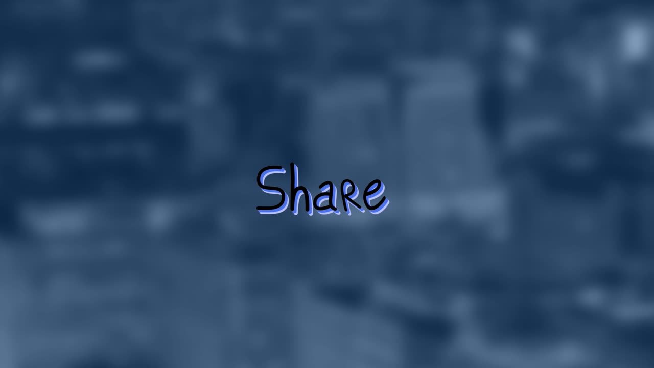 Animation of share text with arrows over out of focus cityscape