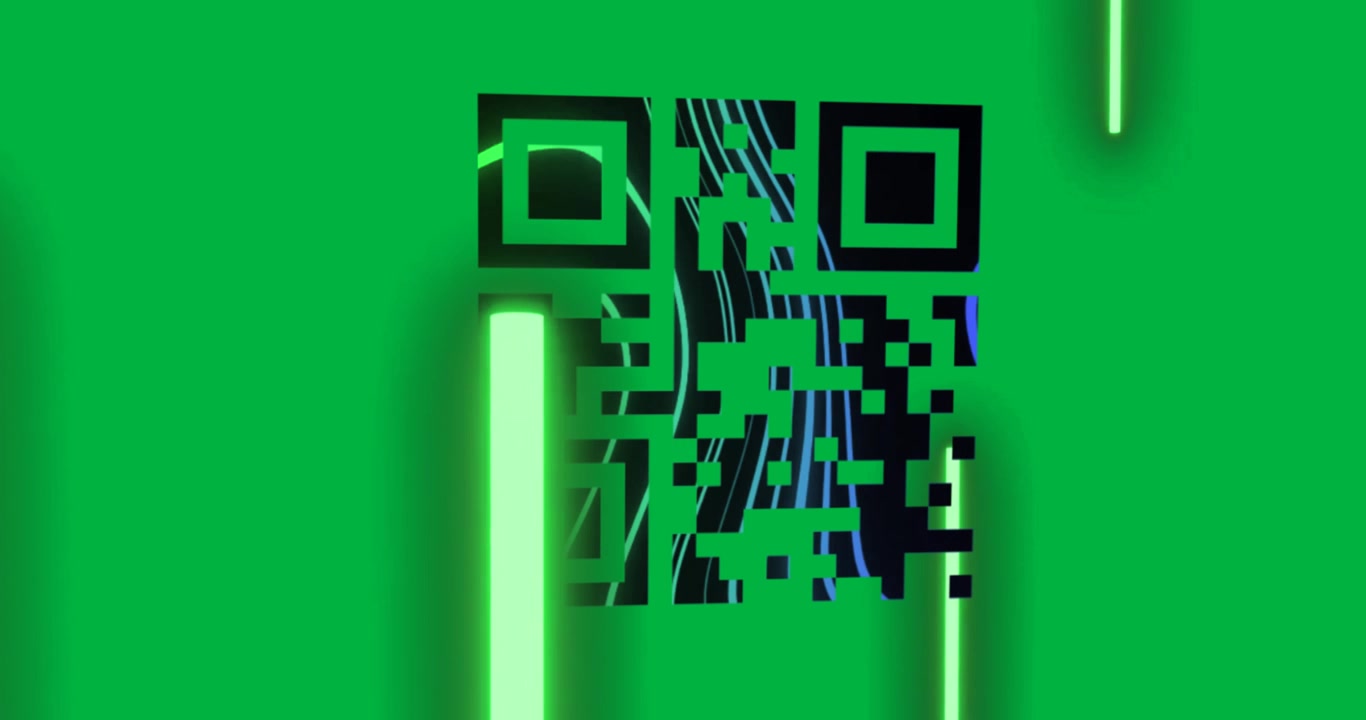 Glowing green and blue QR code being scanned on black background